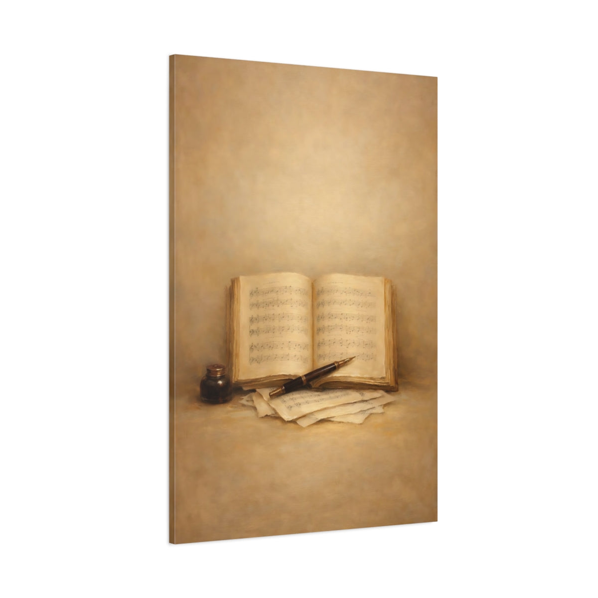 Main Mockup. Vintage Music Book Brown And Gold shown as stretched canvas wall art