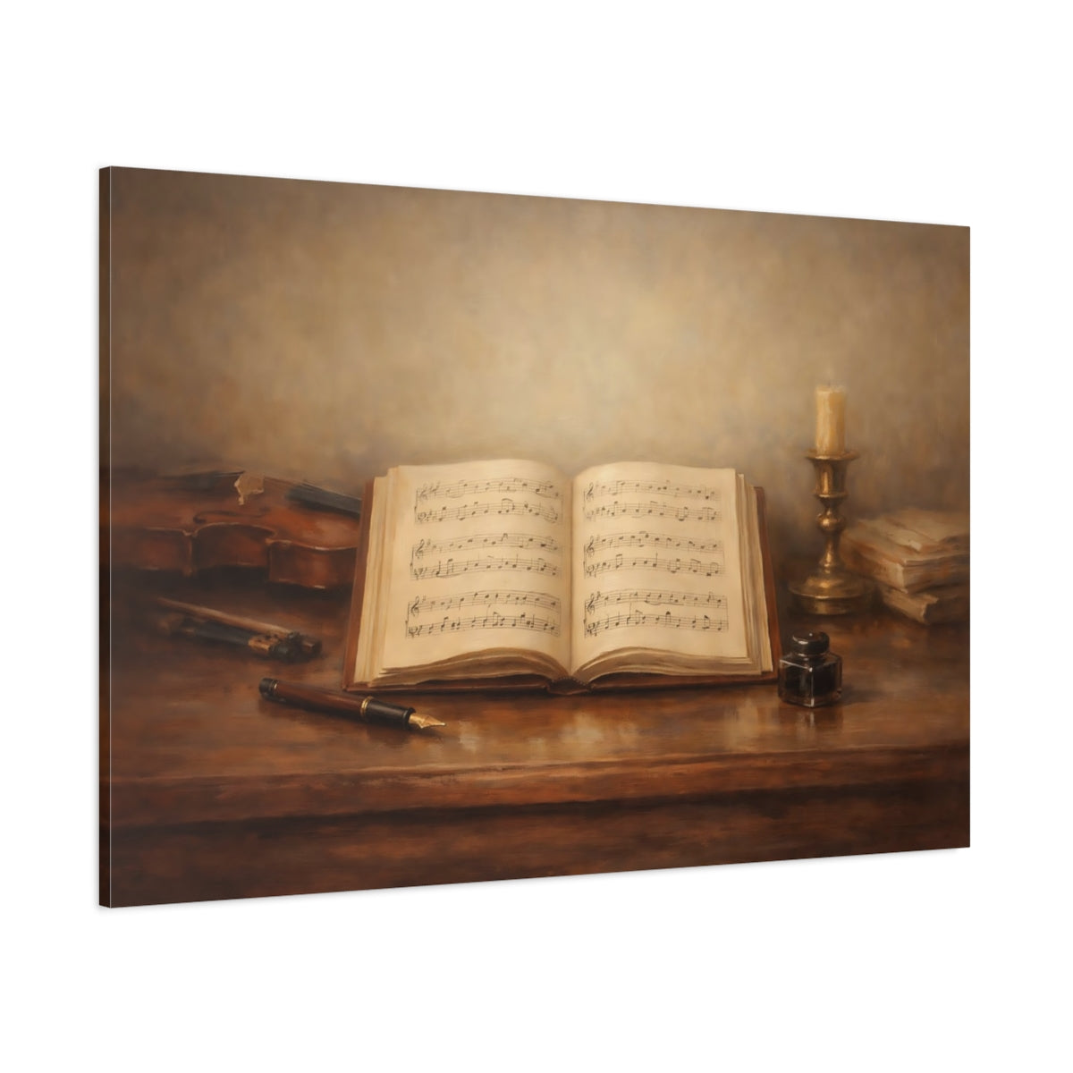 Main Mockup. Vintage Music Book Brown And Gold shown as stretched canvas wall art