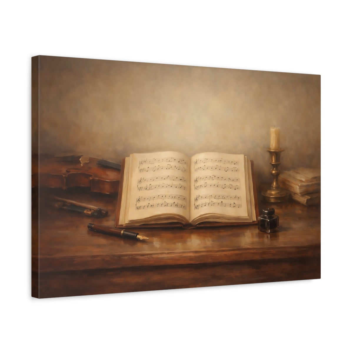 Side Mockup 3. Vintage Music Book Brown And Gold shown as stretched canvas wall art