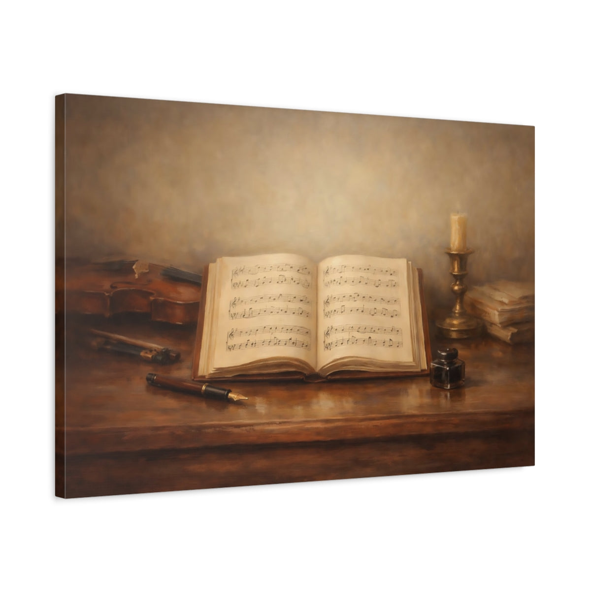 Side Mockup 2. Vintage Music Book Brown And Gold shown as stretched canvas wall art
