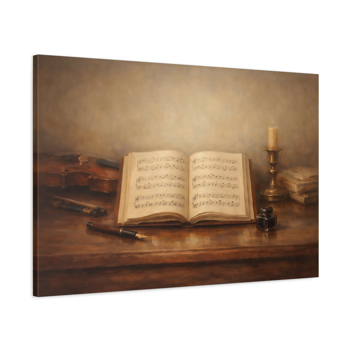 Side Mockup 1. Vintage Music Book Brown And Gold shown as stretched canvas wall art