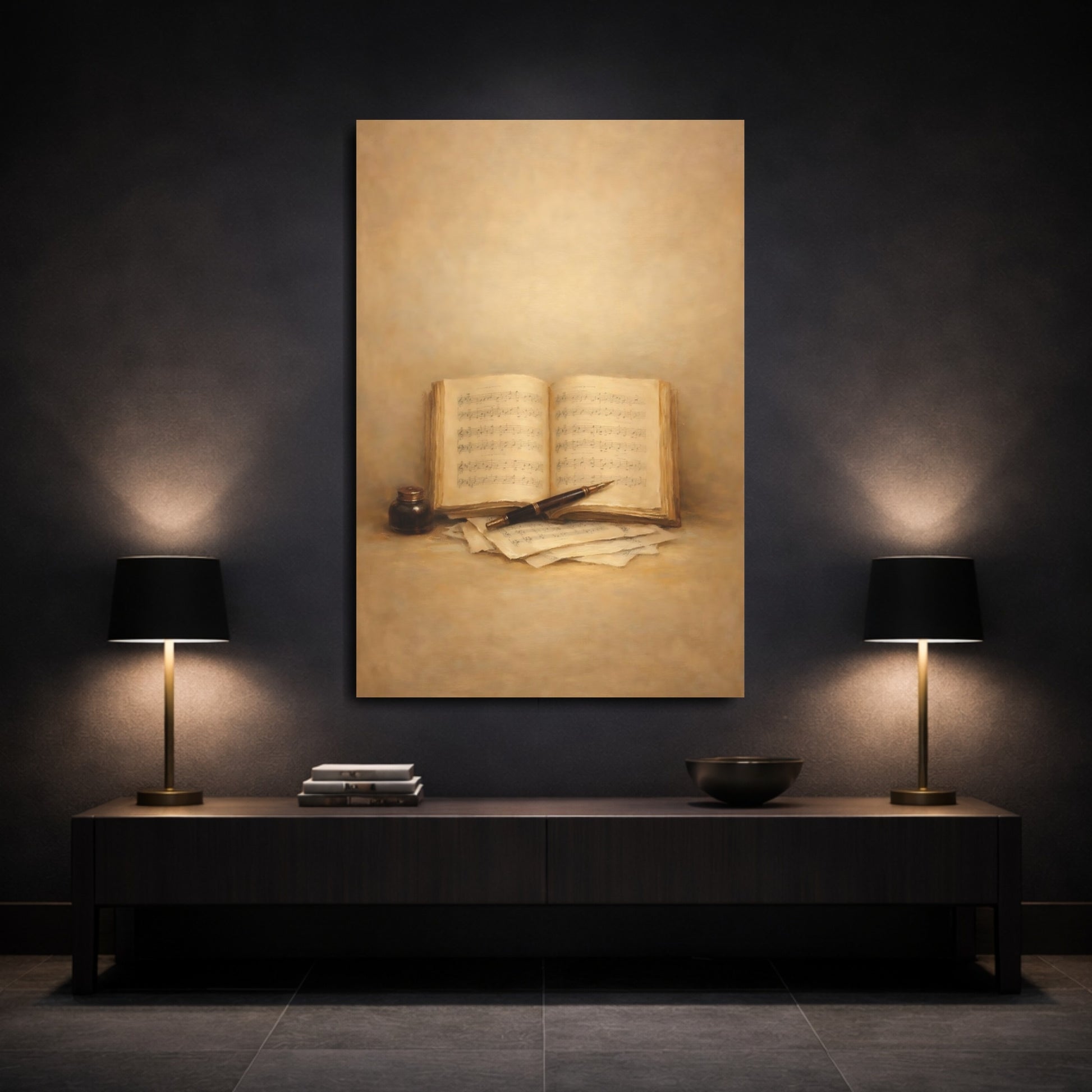 Mockup 2. Vintage Music Book Brown And Gold shown as stretched canvas wall art