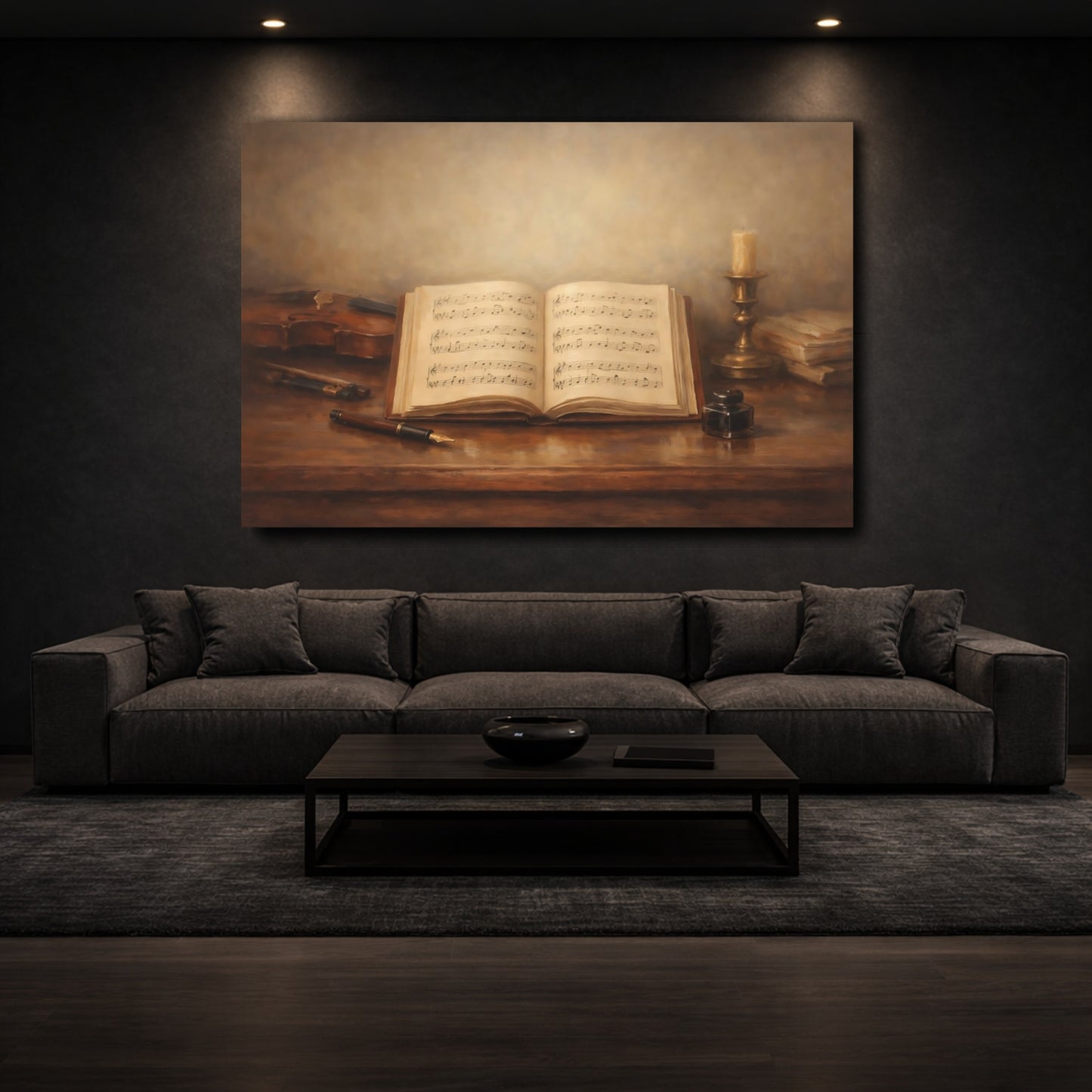 Mockup 2. Vintage Music Book Brown And Gold shown as stretched canvas wall art
