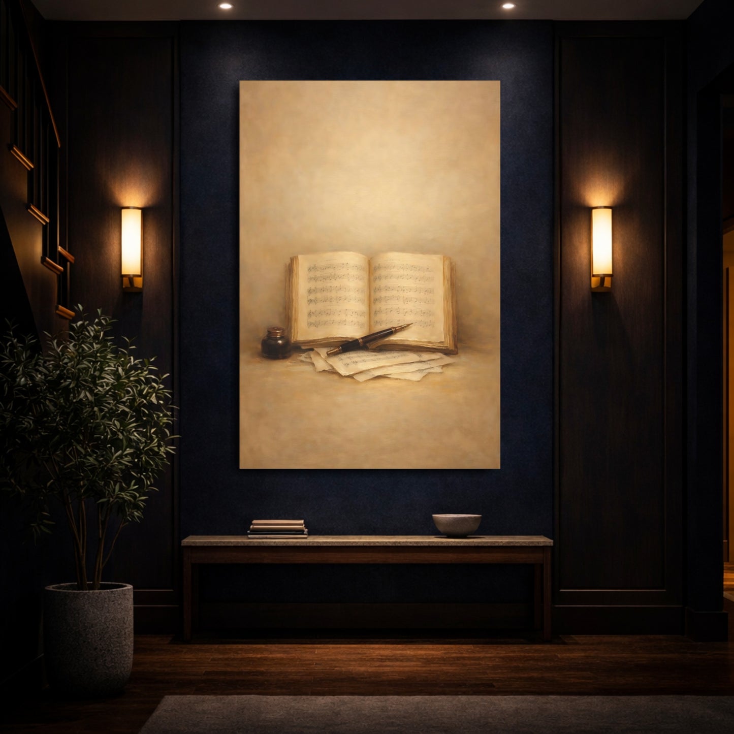 Mockup 3. Vintage Music Book Brown And Gold shown as stretched canvas wall art