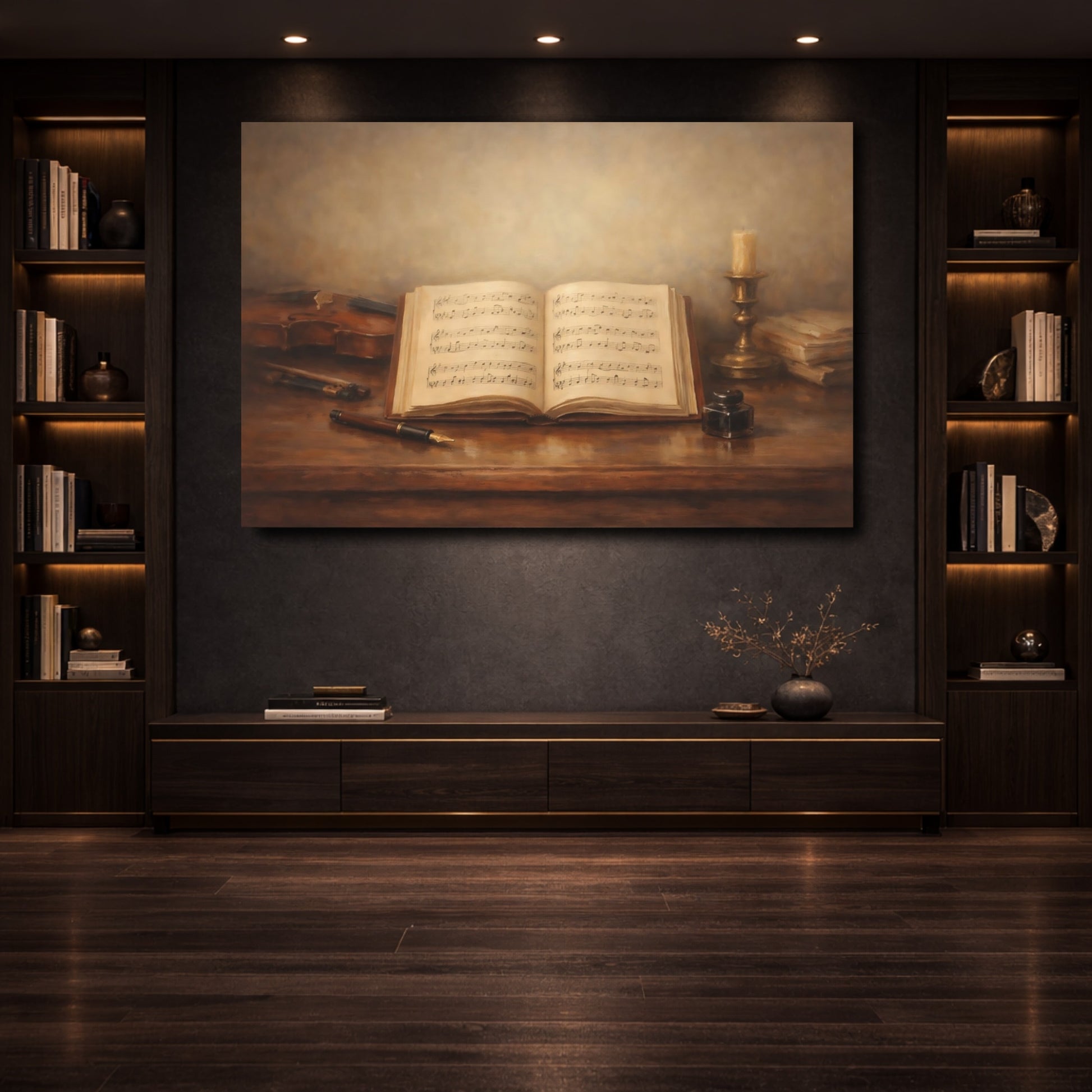 Mockup 3. Vintage Music Book Brown And Gold shown as stretched canvas wall art