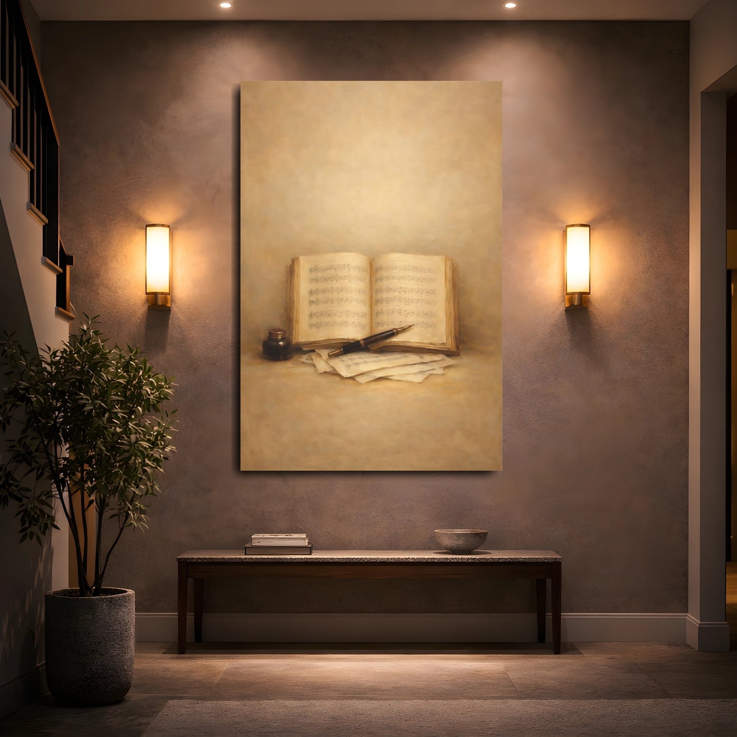 Mockup 4. Vintage Music Book Brown And Gold shown as stretched canvas wall art