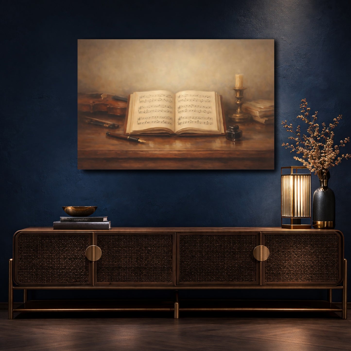 Mockup 4. Vintage Music Book Brown And Gold shown as stretched canvas wall art