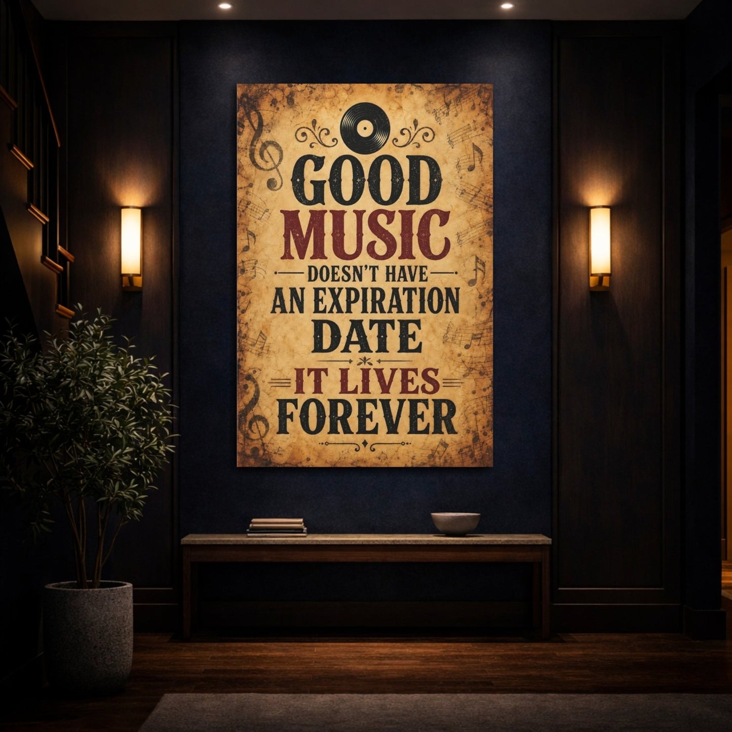 Vintage Music Quote Brown Red Canvas Print – Living Room, Large Wall, - YesArtYes