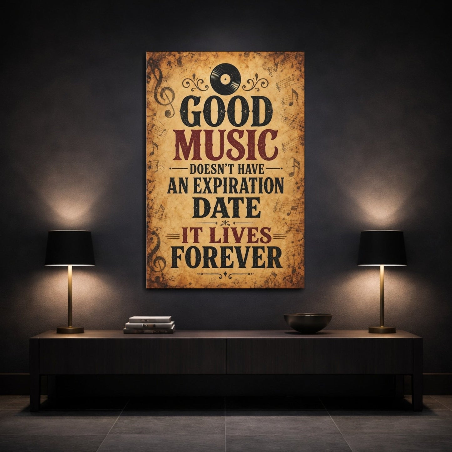 Vintage Music Quote Brown Red Canvas Print – Living Room, Large Wall, - YesArtYes
