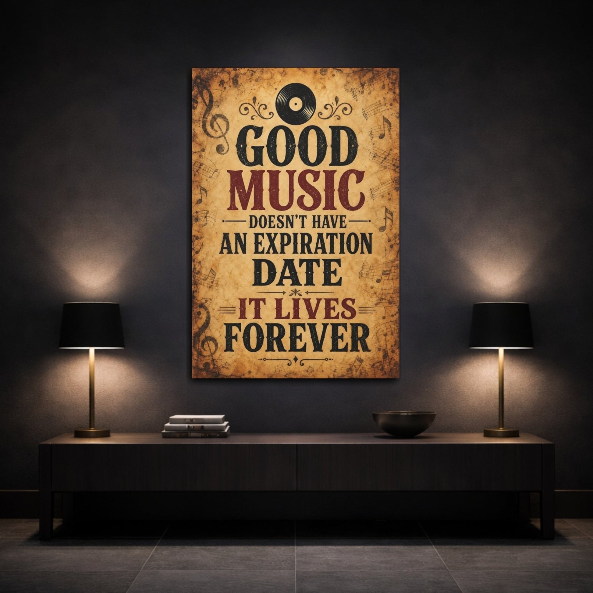 Vintage Music Quote Brown Red Canvas Print – Living Room, Large Wall, - YesArtYes