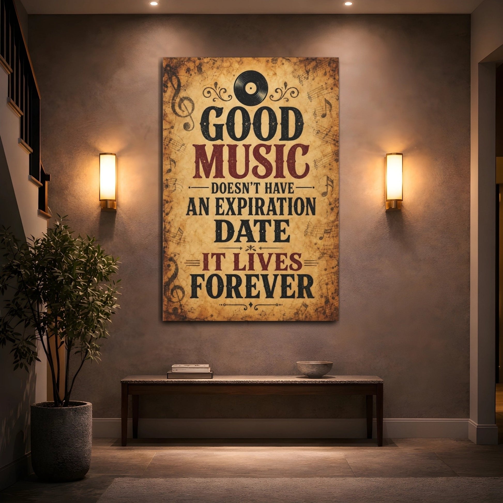 Vintage Music Quote Brown Red Canvas Print – Living Room, Large Wall, - YesArtYes