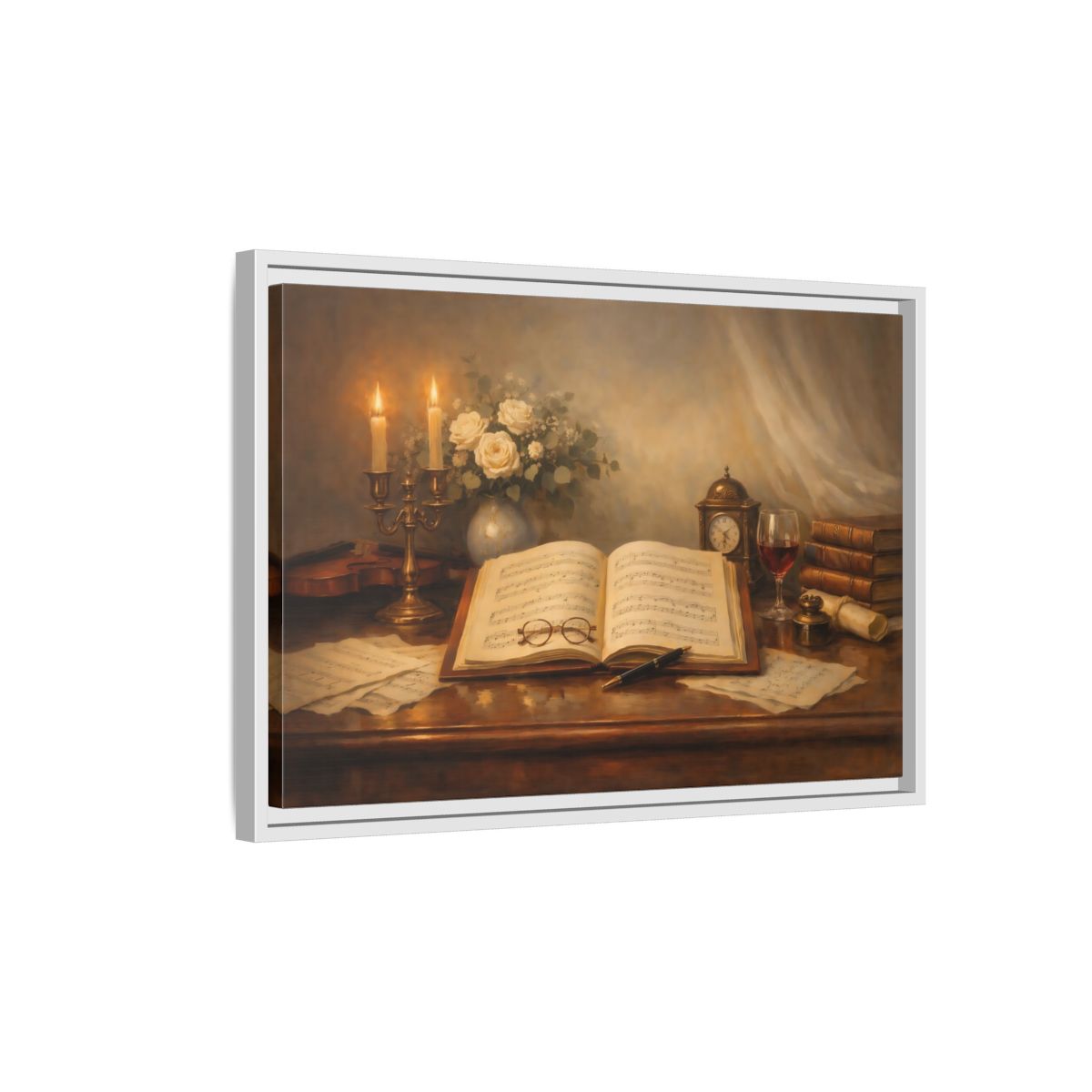 Side Mockup 1. Vintage Music Sheet Brown And Gold Study shown as stretched canvas wall art