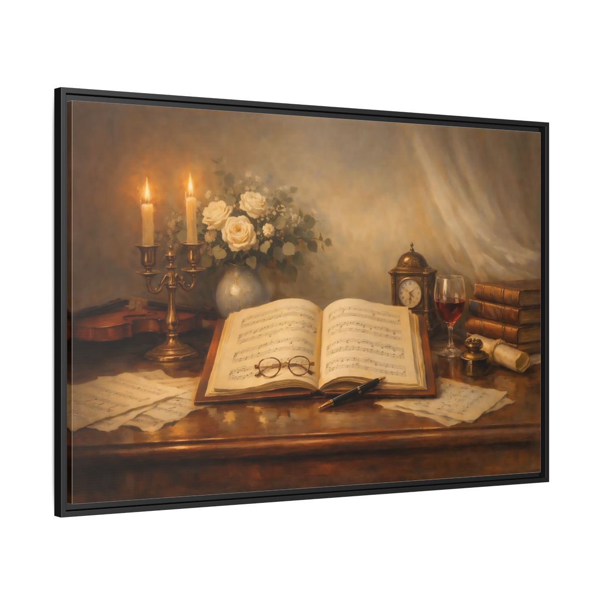 Side Mockup 12. Vintage Music Sheet Brown And Gold Study shown as stretched canvas wall art