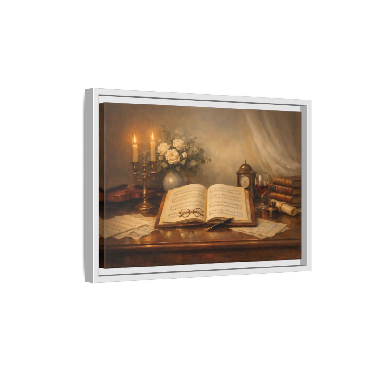 Side Mockup 4. Vintage Music Sheet Brown And Gold Study shown as stretched canvas wall art
