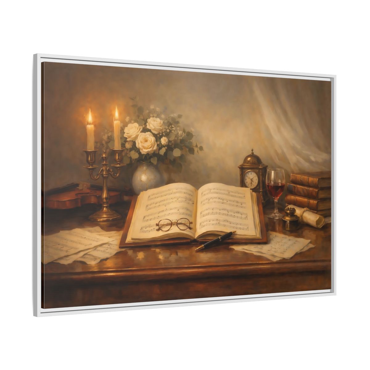 Side Mockup 7. Vintage Music Sheet Brown And Gold Study shown as stretched canvas wall art