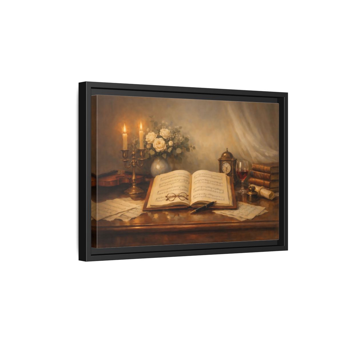 Side Mockup 6. Vintage Music Sheet Brown And Gold Study shown as stretched canvas wall art
