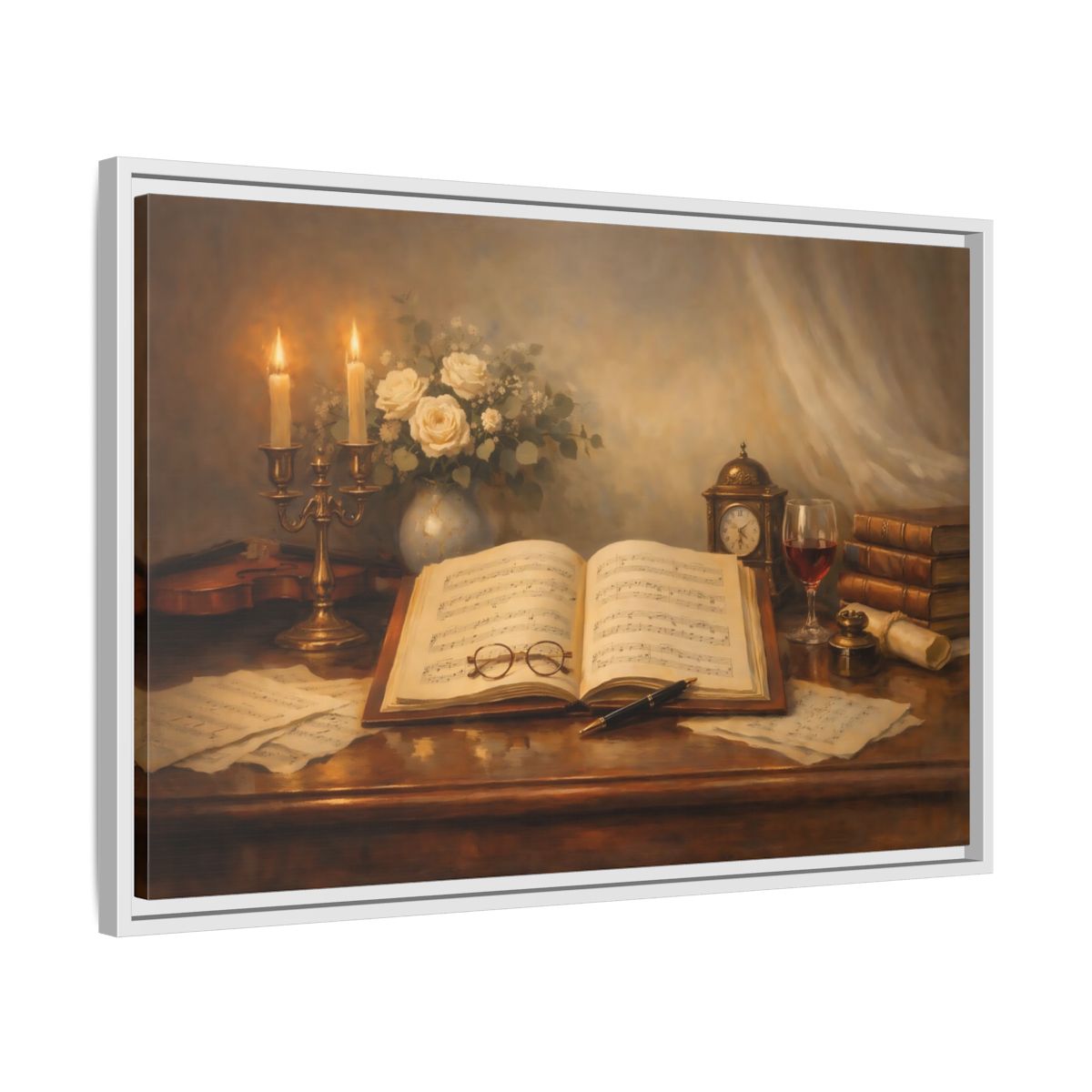 Side Mockup 10. Vintage Music Sheet Brown And Gold Study shown as stretched canvas wall art