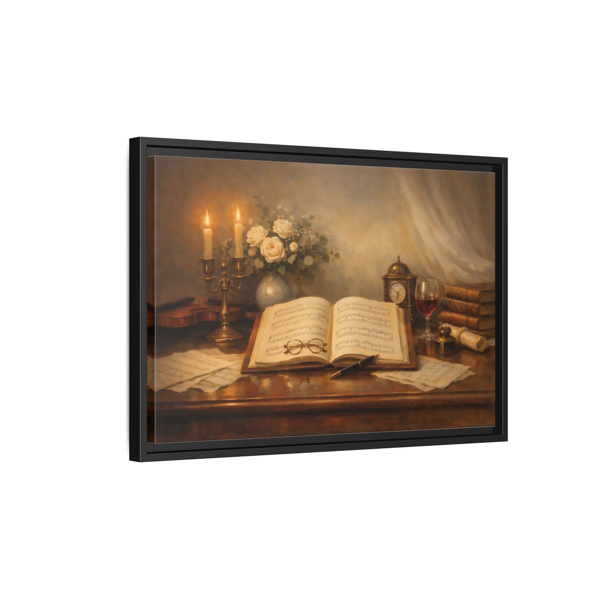 Side Mockup 3. Vintage Music Sheet Brown And Gold Study shown as stretched canvas wall art