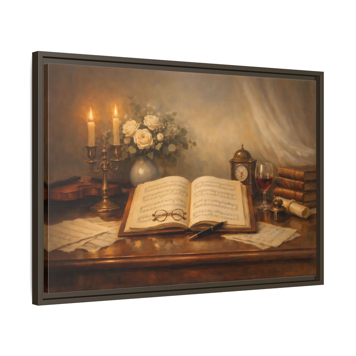 Side Mockup 11. Vintage Music Sheet Brown And Gold Study shown as stretched canvas wall art