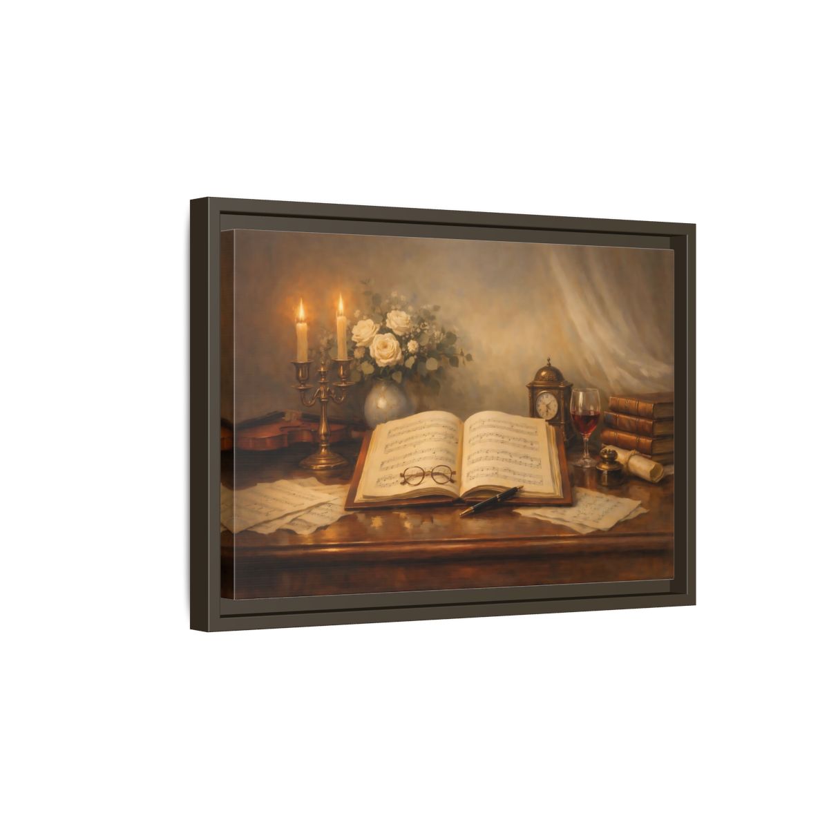 Side Mockup 5. Vintage Music Sheet Brown And Gold Study shown as stretched canvas wall art