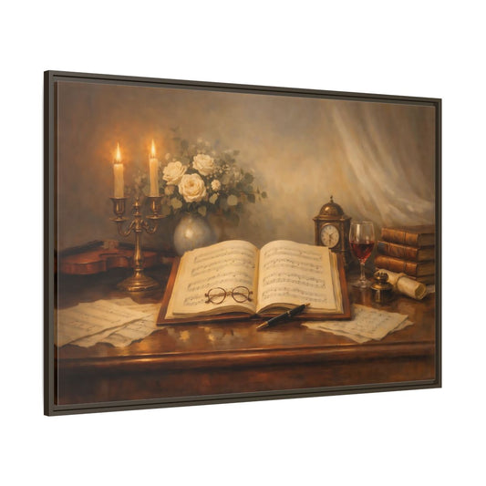 Main Mockup. Vintage Music Sheet Brown And Gold Study shown as stretched canvas wall art