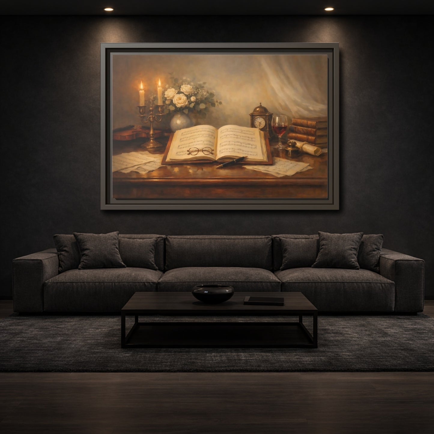 Mockup 2. Vintage Music Sheet Brown And Gold Study shown as stretched canvas wall art