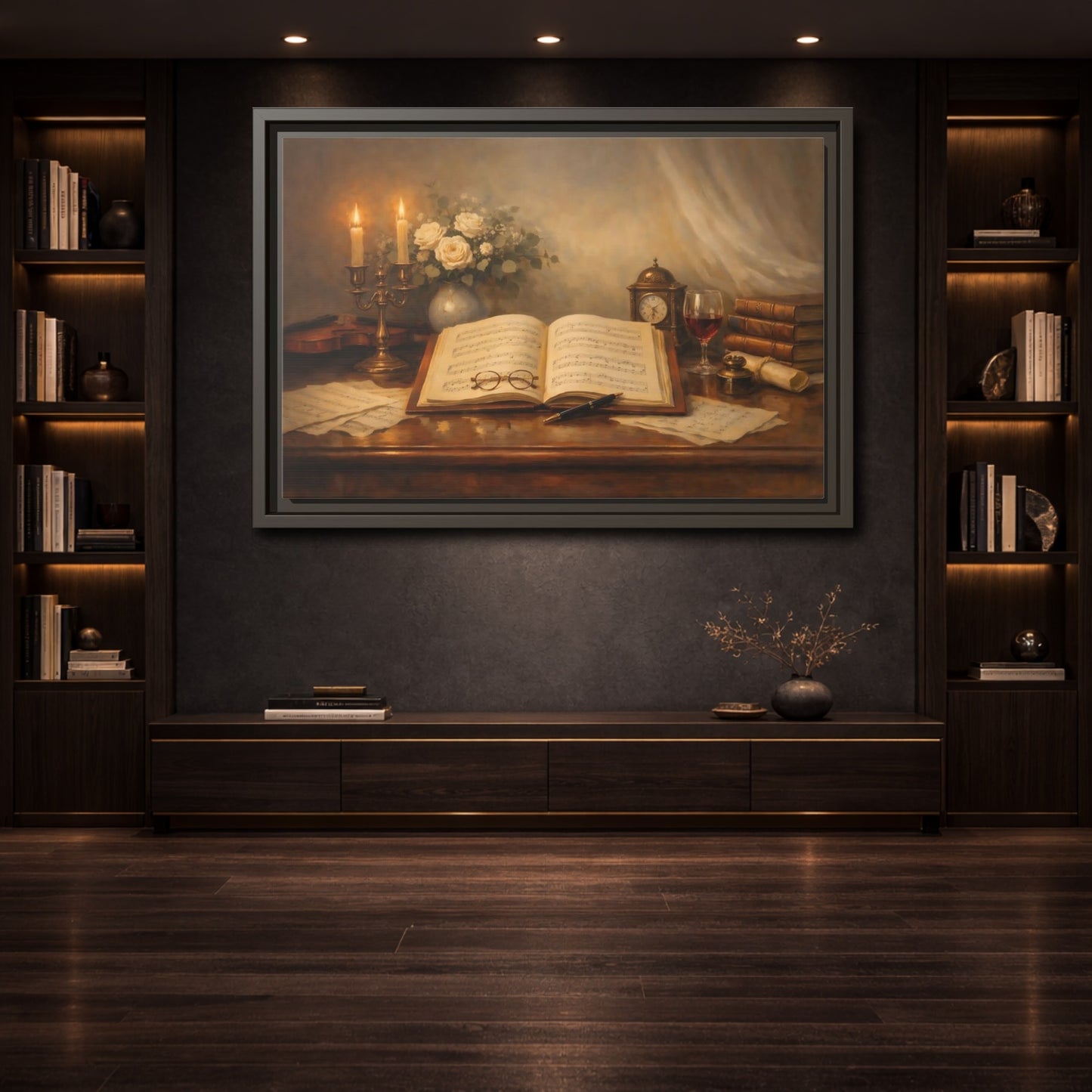Mockup 3. Vintage Music Sheet Brown And Gold Study shown as stretched canvas wall art