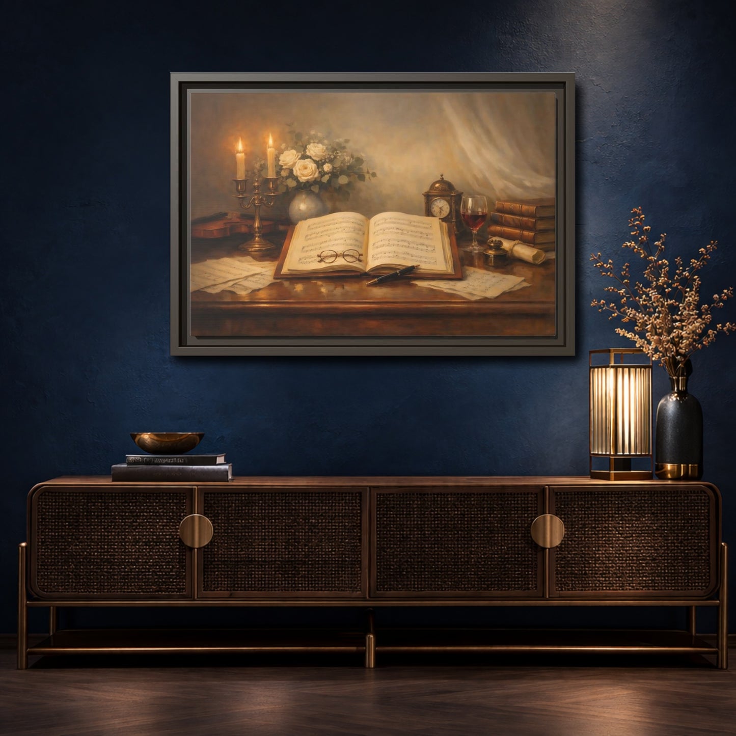 Mockup 4. Vintage Music Sheet Brown And Gold Study shown as stretched canvas wall art