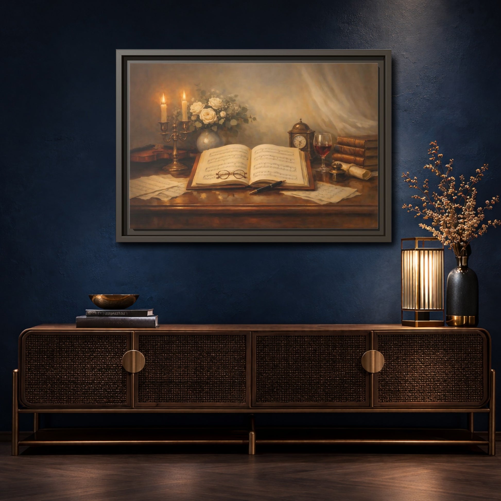 Mockup 4. Vintage Music Sheet Brown And Gold Study shown as stretched canvas wall art