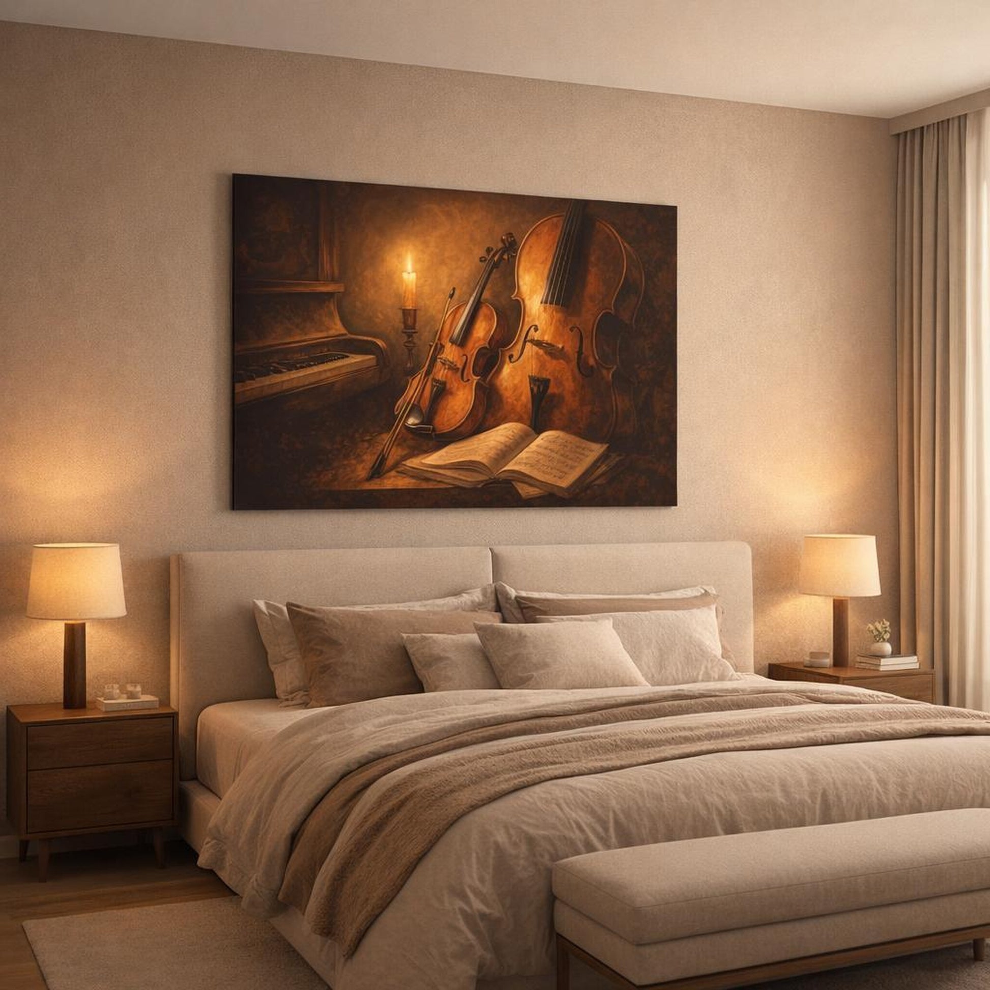 Vintage Musical Instruments Vintage Music shown as canvas wall art in a luxury bedroom
