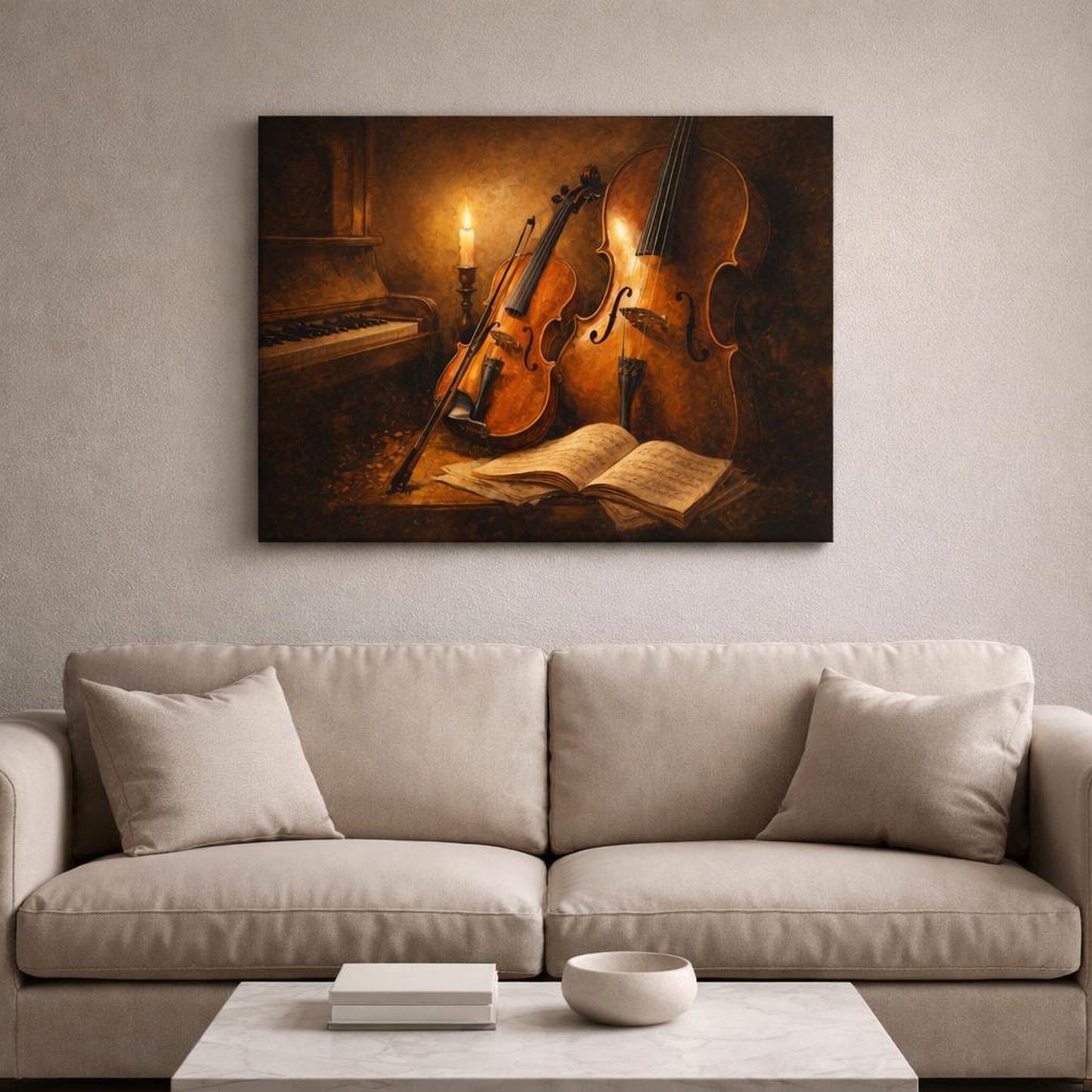 Vintage Musical Instruments Vintage Music shown as canvas wall art in a sophisticated contemporary living space