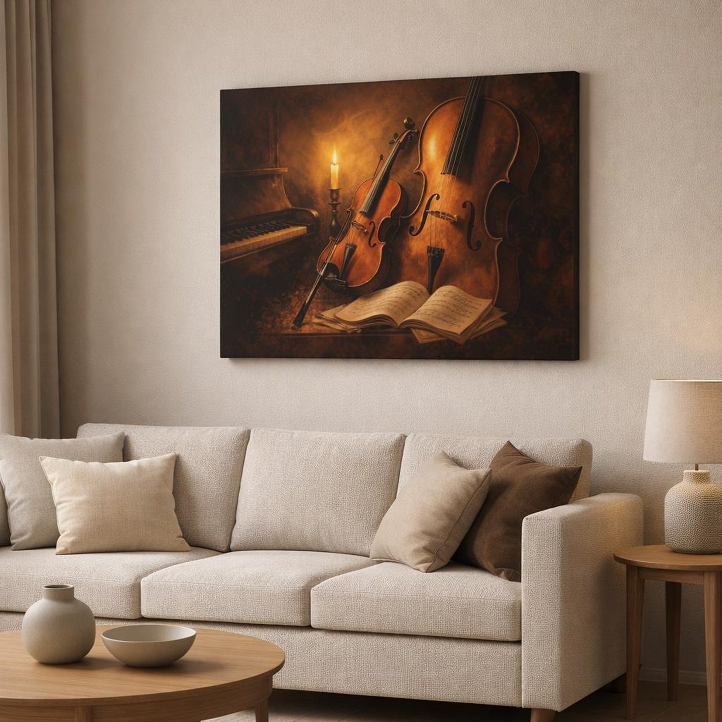 Vintage Musical Instruments Vintage Music shown as canvas wall art in a modern living room