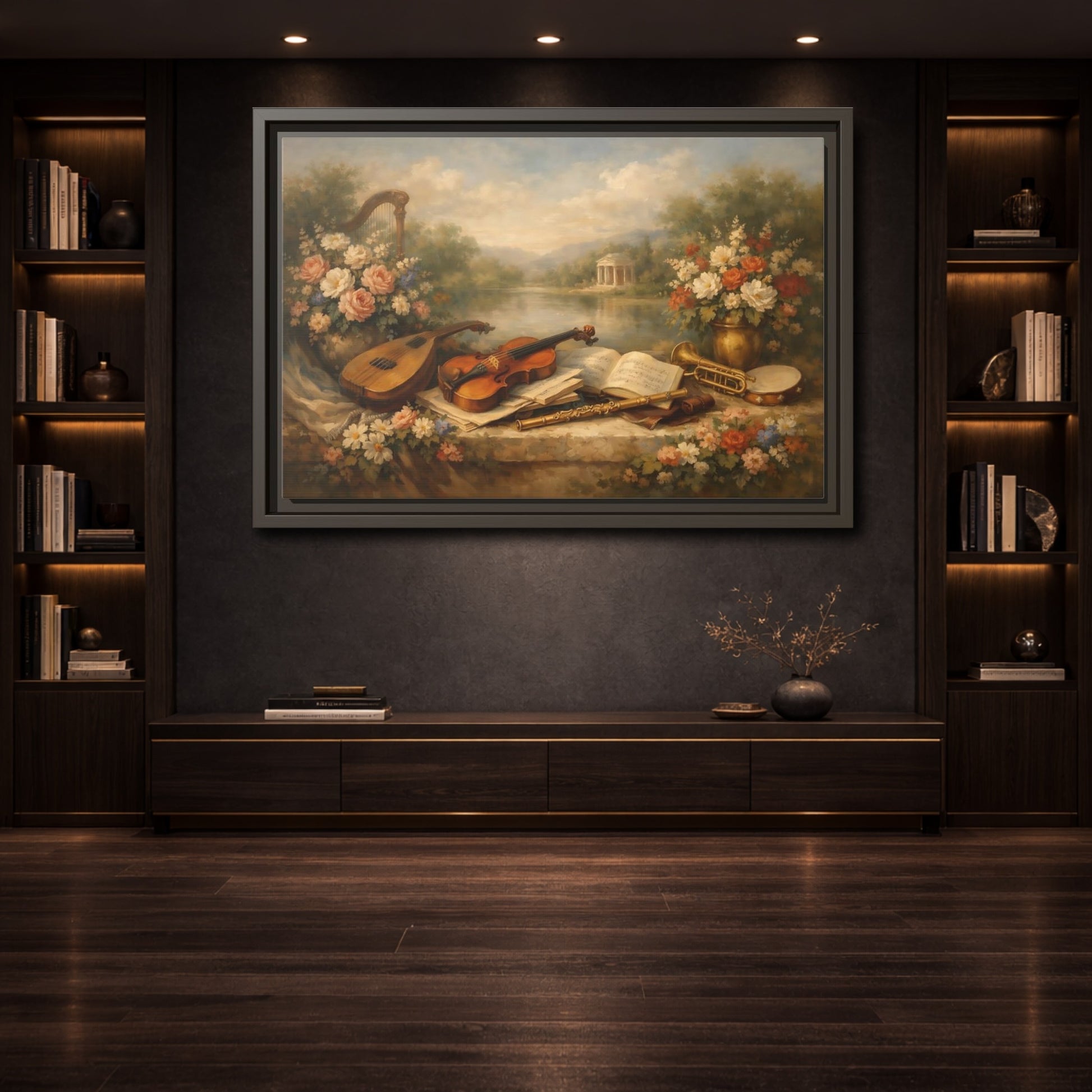 Mockup 3. Vintage Musical Instruments Vintage Musical Art shown as stretched canvas wall art