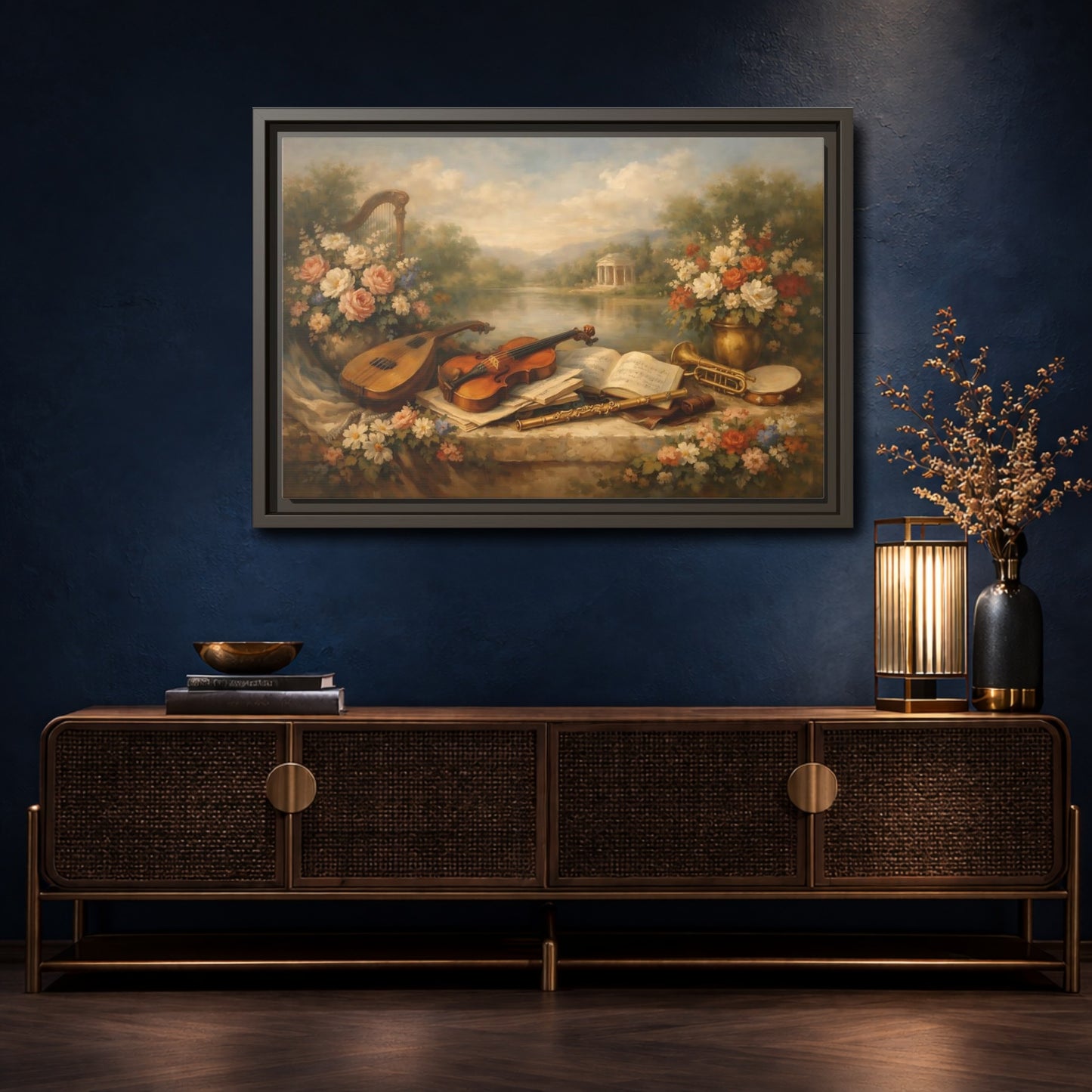 Mockup 4. Vintage Musical Instruments Vintage Musical Art shown as stretched canvas wall art