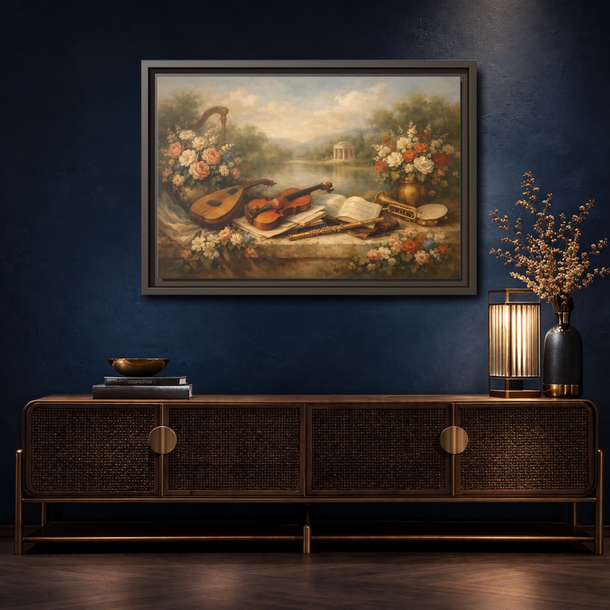 Mockup 4. Vintage Musical Instruments Vintage Musical Art shown as stretched canvas wall art