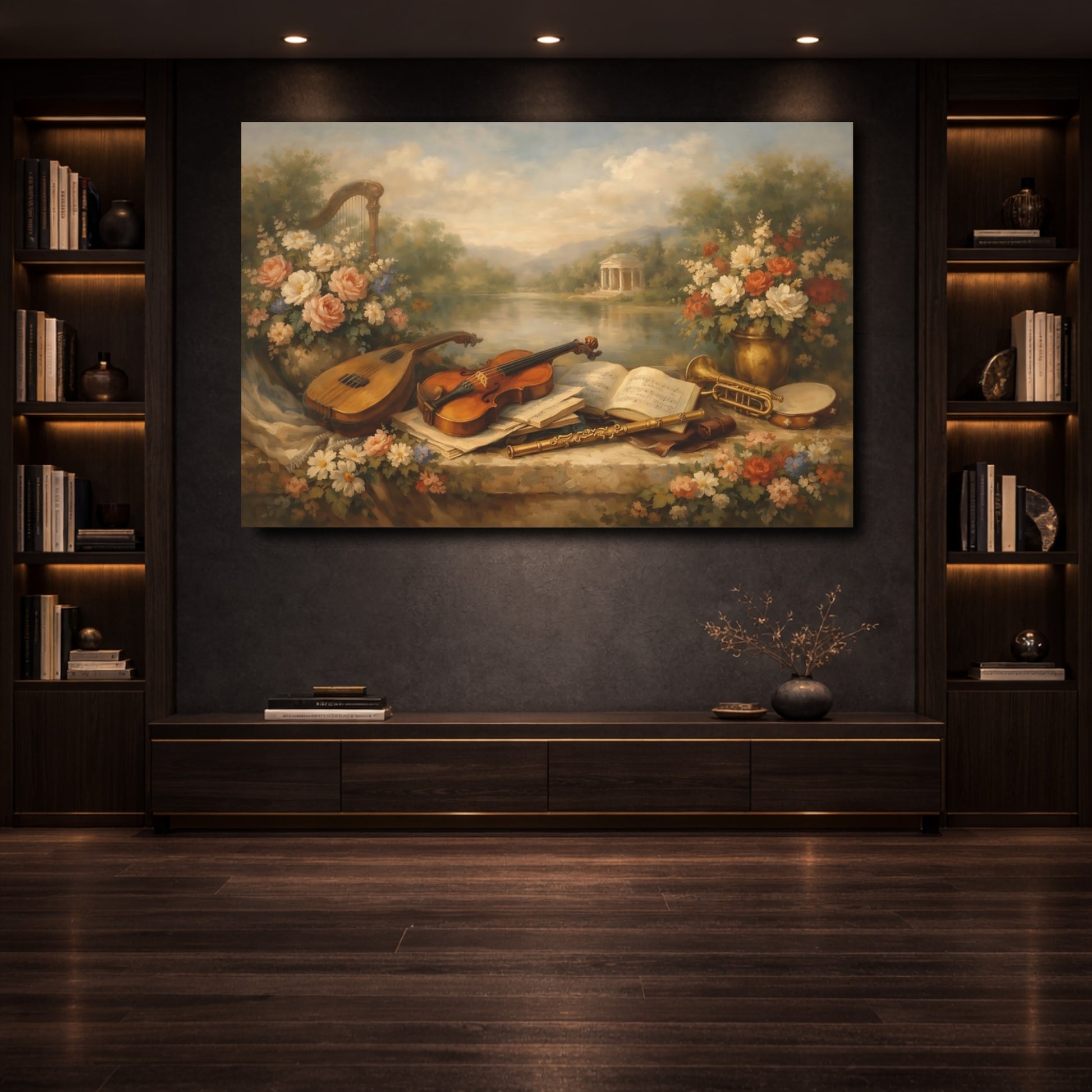 Mockup 3. Vintage Musical Instruments Vintage Still Life shown as stretched canvas wall art