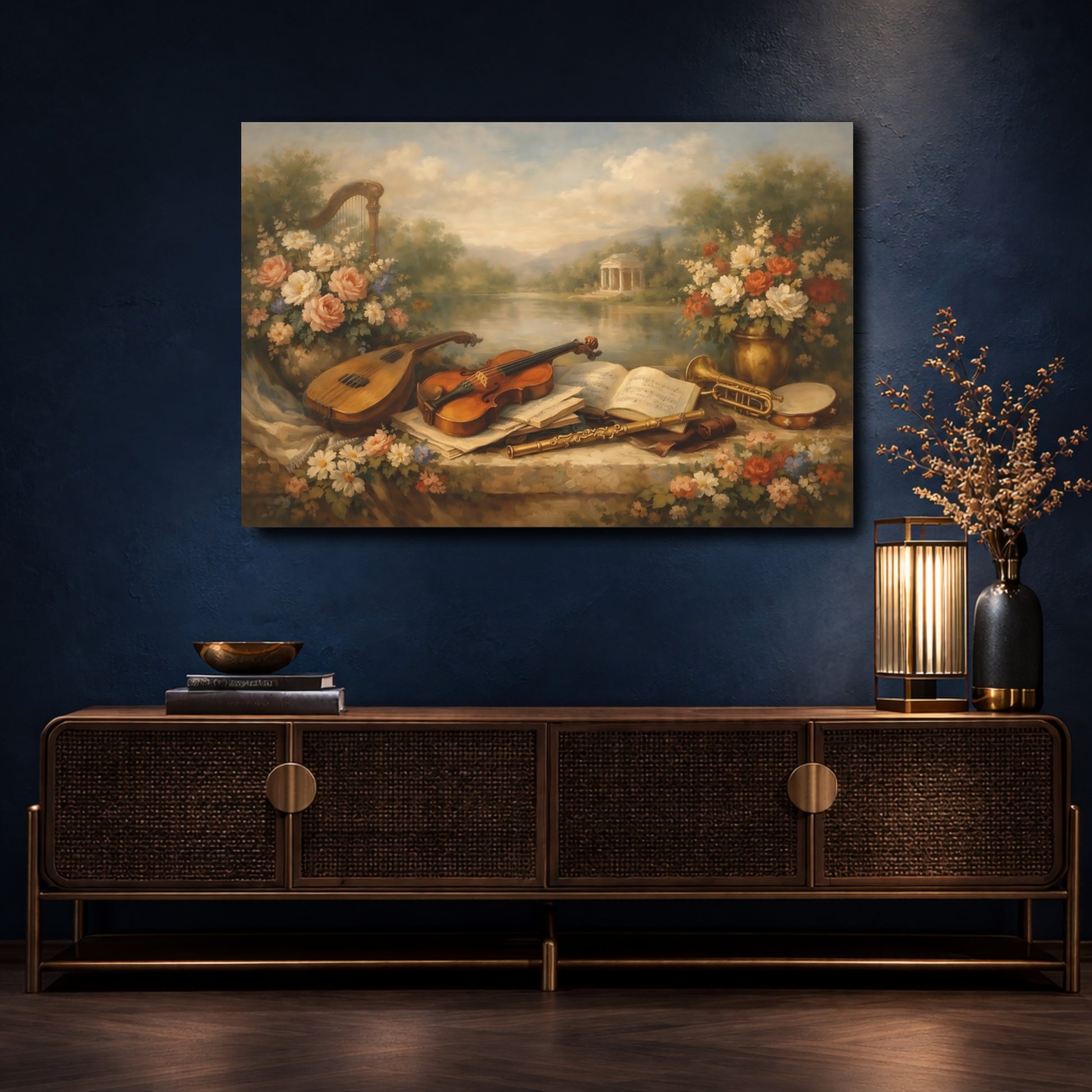 Mockup 4. Vintage Musical Instruments Vintage Still Life shown as stretched canvas wall art
