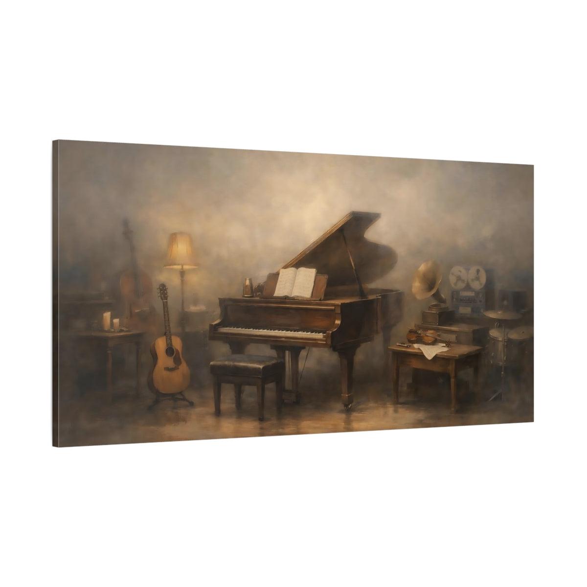 Main Mockup. Vintage Musical Instruments Warm Brown Music shown as stretched canvas wall art