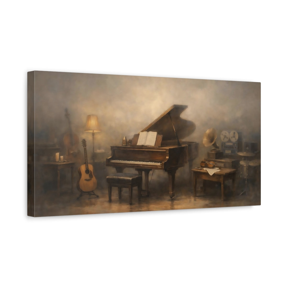 Side Mockup 3. Vintage Musical Instruments Warm Brown Music shown as stretched canvas wall art
