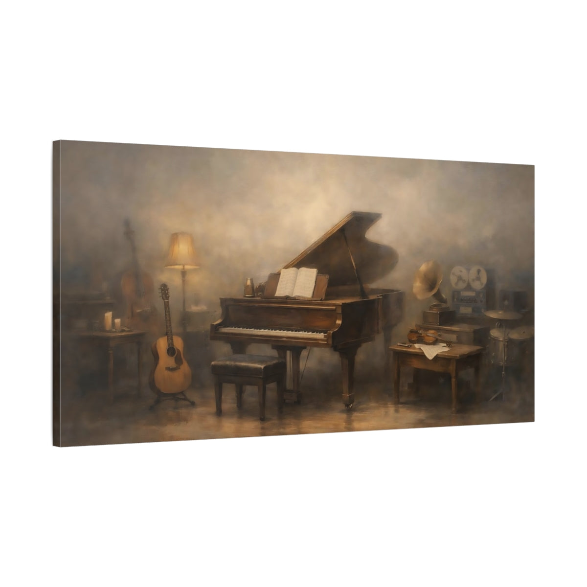 Side Mockup 1. Vintage Musical Instruments Warm Brown Music shown as stretched canvas wall art