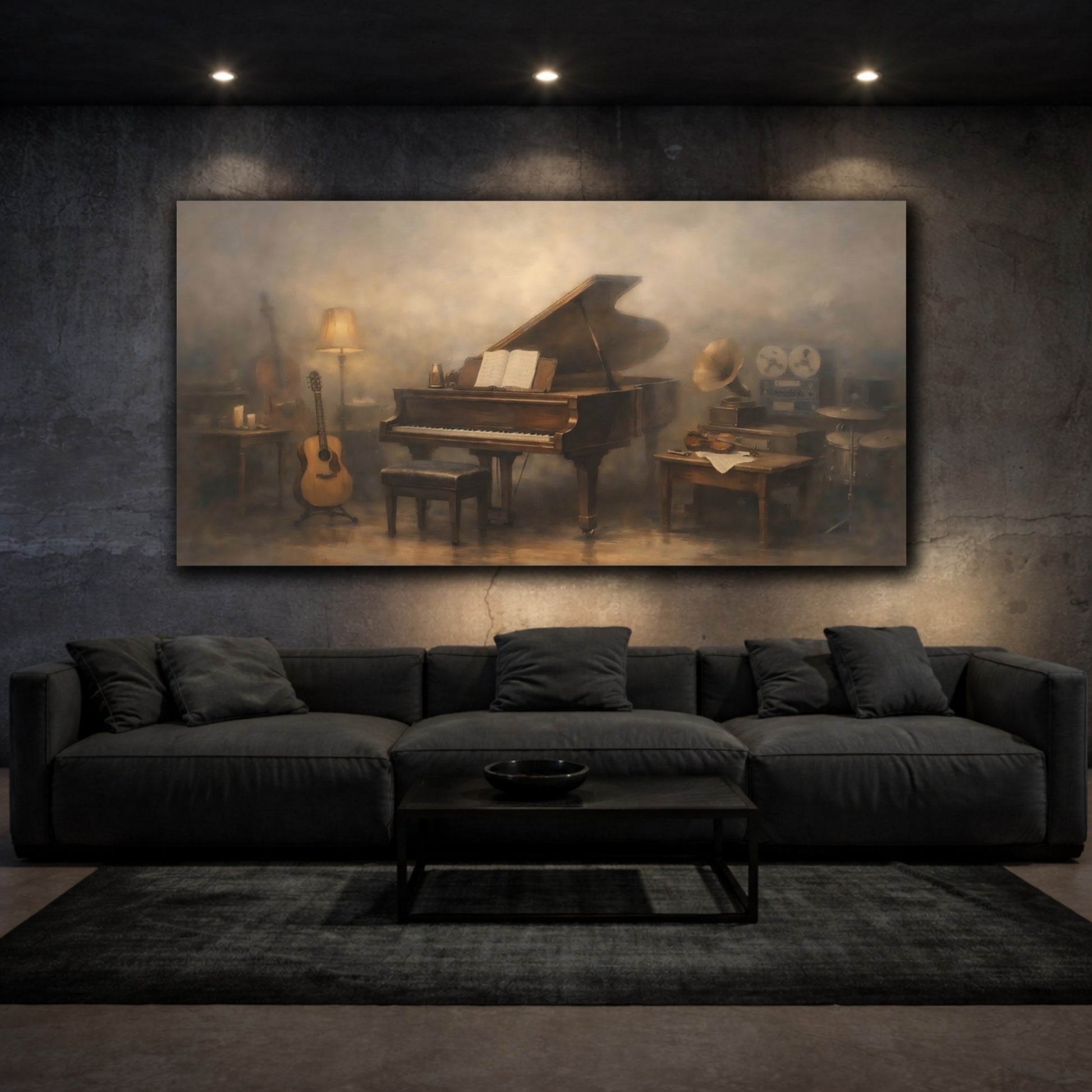 Mockup 2. Vintage Musical Instruments Warm Brown Music shown as stretched canvas wall art