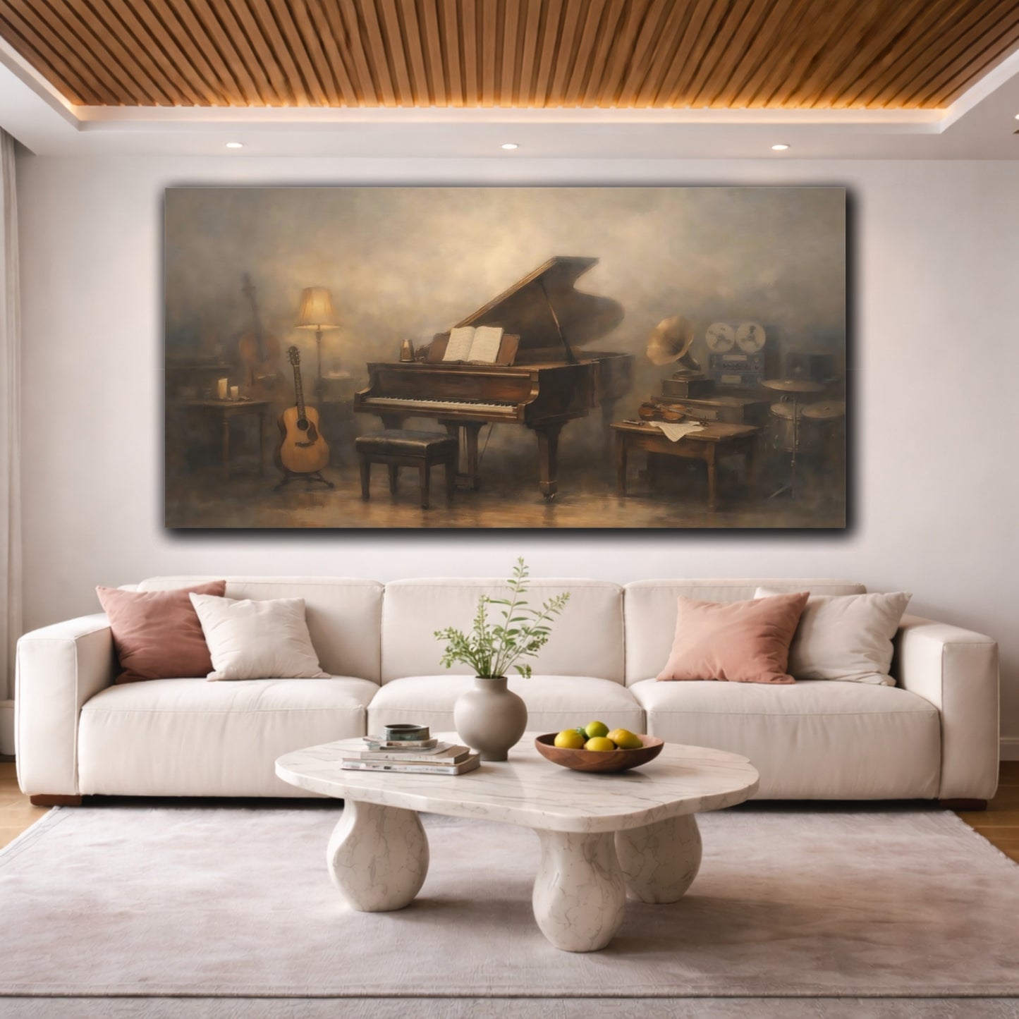 Mockup 3. Vintage Musical Instruments Warm Brown Music shown as stretched canvas wall art