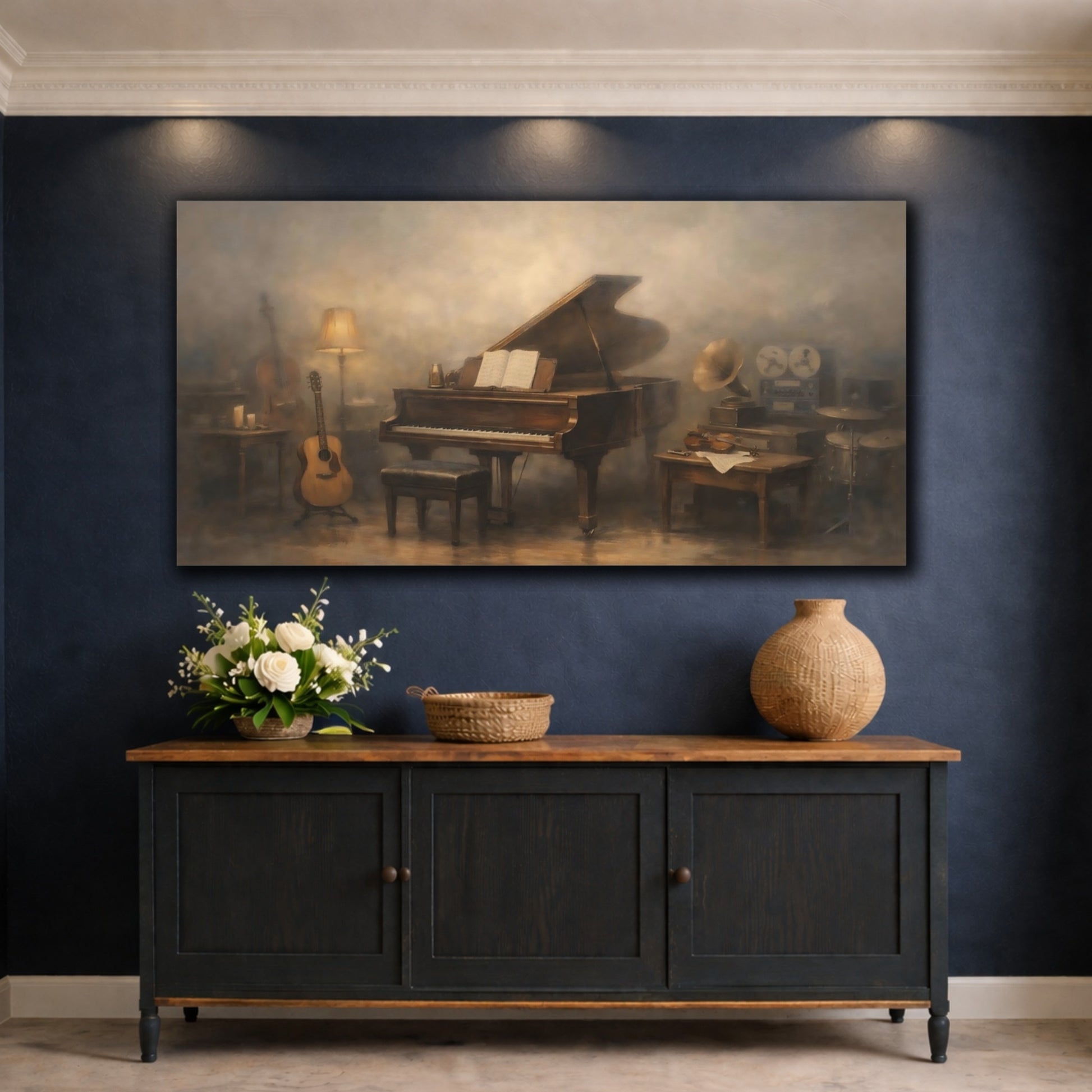 Mockup 4. Vintage Musical Instruments Warm Brown Music shown as stretched canvas wall art