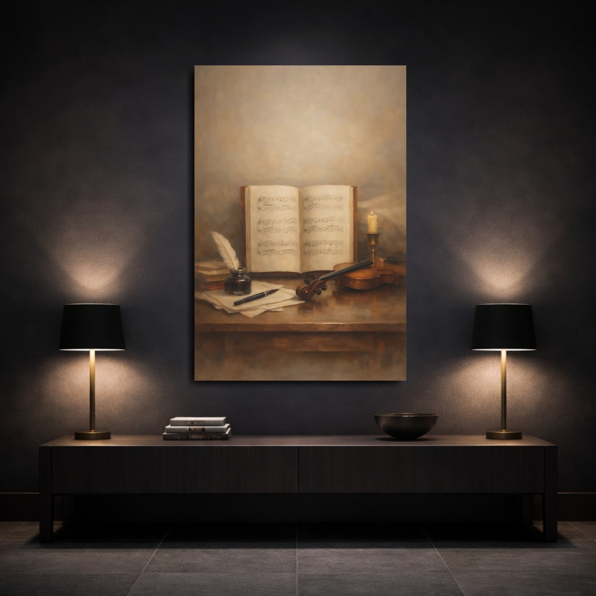 Mockup 2. Vintage Musical Still Life Brown Vintage Music shown as stretched canvas wall art