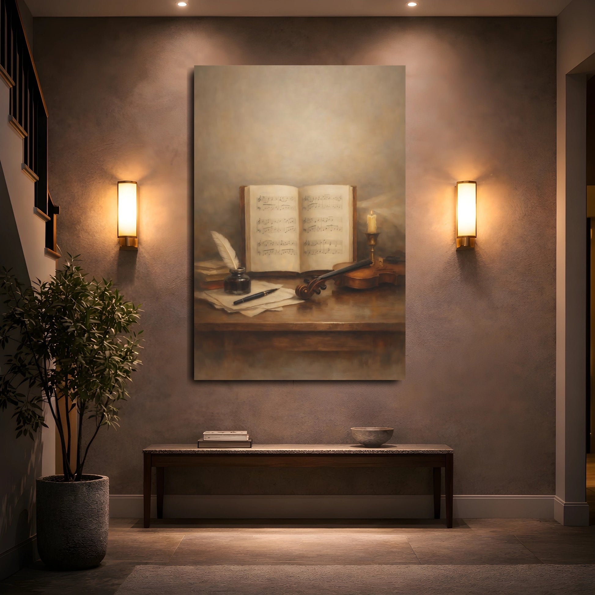 Mockup 4. Vintage Musical Still Life Brown Vintage Music shown as stretched canvas wall art