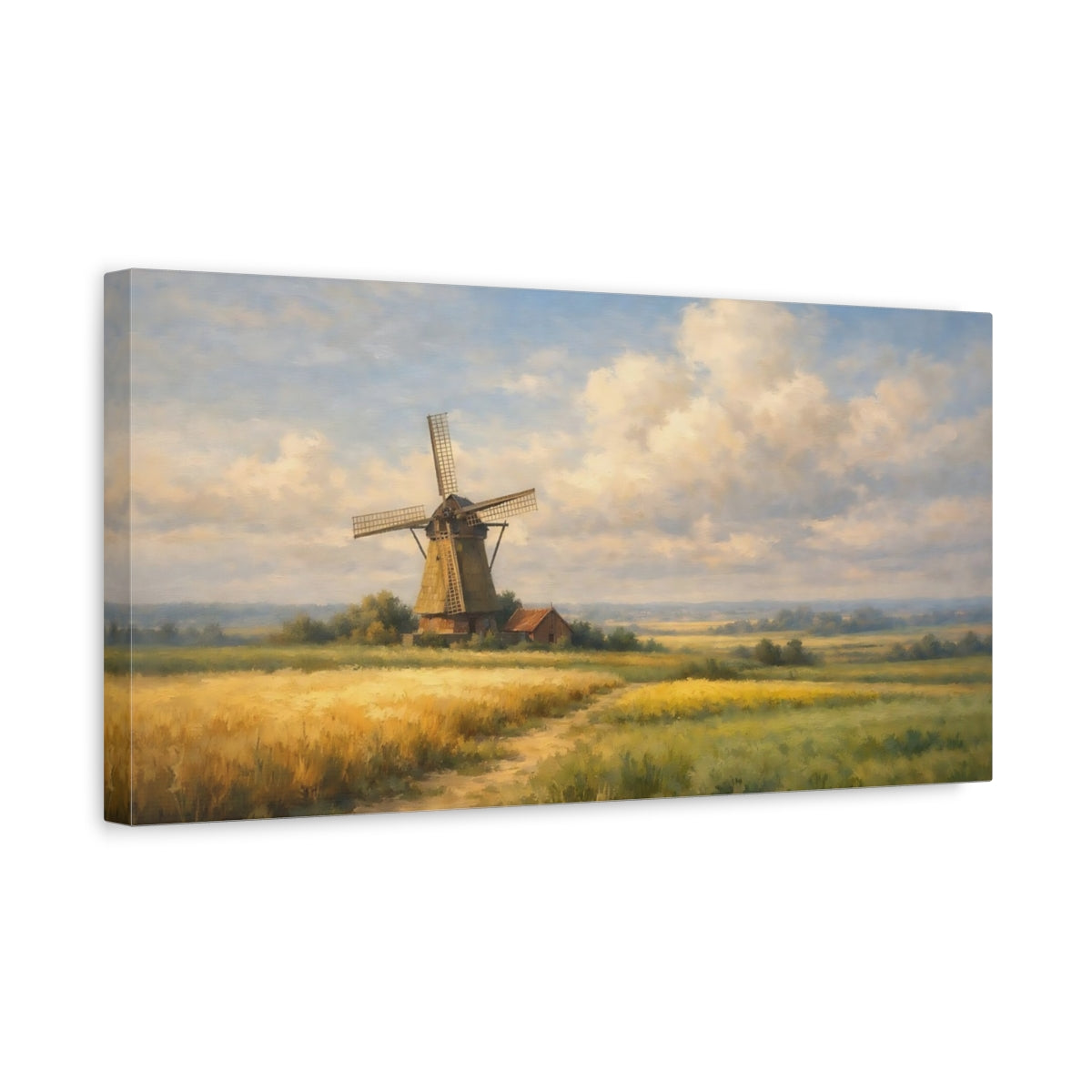 Side Mockup 3. Nature Windmill Windmill Field Landscape shown as stretched canvas wall art