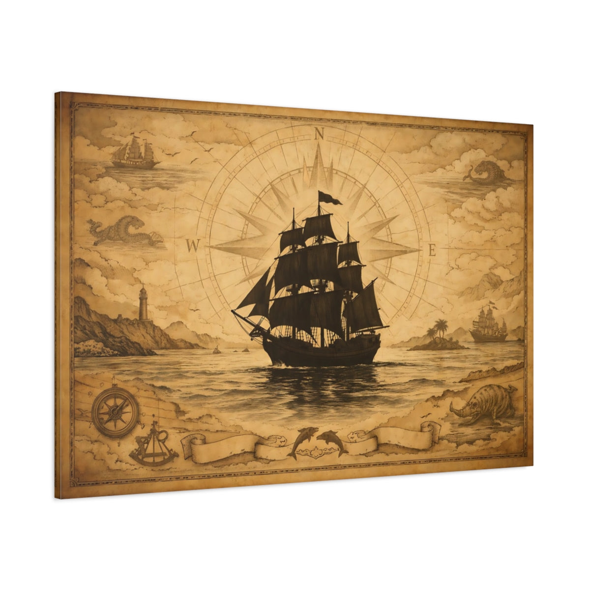 Vintage Nautical Map shown as stretched canvas wall art