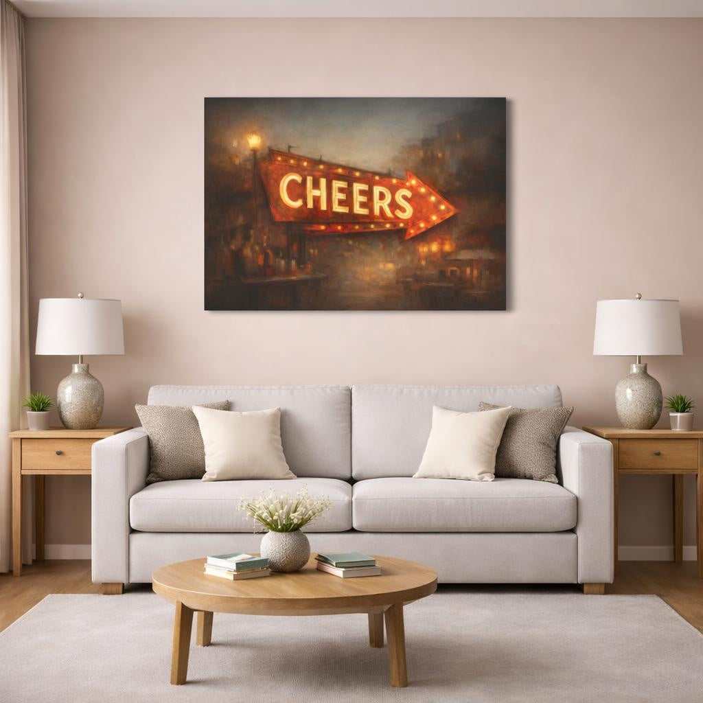 Vintage Neon Sign Warm Glow shown as canvas wall art in a modern living room