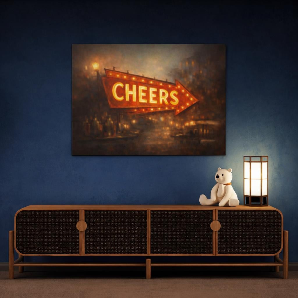 Vintage Neon Sign Warm Glow shown as canvas wall art in a sophisticated contemporary living space