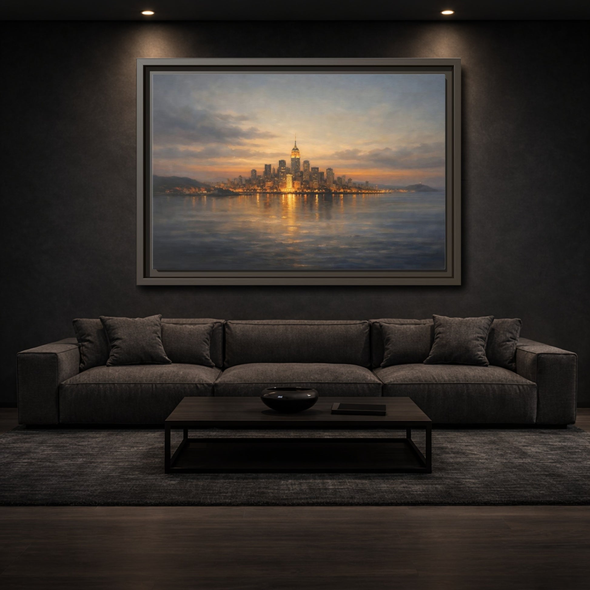 Mockup 2. Vintage New York City Dusk City Lights shown as stretched canvas wall art